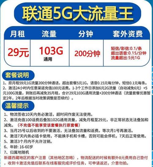 联通29元王卡套餐是中国联通推出的一种经济实惠的手机通信套餐，提供了通话、短信和流量等多项基本服务。以下是该套餐的详细资费明细