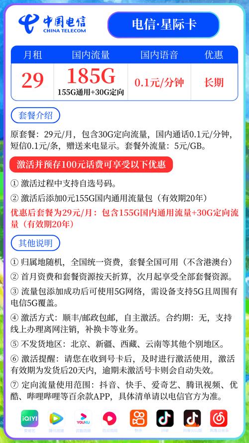 电信卡在看视频时不扣流量的情况主要涉及几种不同的场景和套餐设置。以下将详细解释这些情况，并给出相应的操作建议