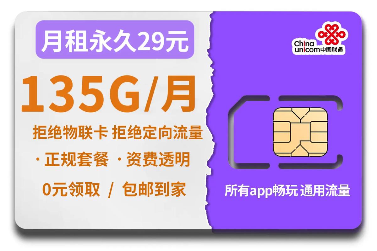 1. 联通大王卡，月租为29元，套餐内含30GB专属流量，超出部分1元1G日租包。